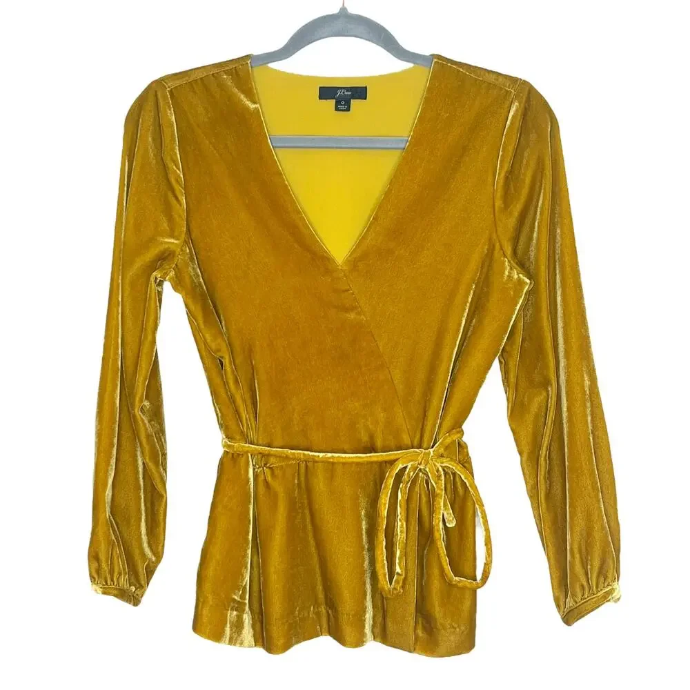 J. Crew Faux Wrap Velvet Top Blouse Mustard Size 0 - Picture 3 of 8